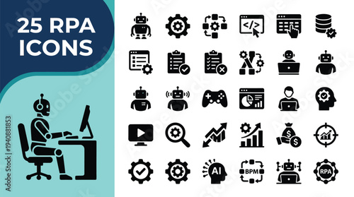 Robot working on computer with RPA icons displayed around