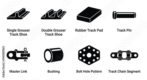 Track Shoe Components: Single, Double Grouser, Rubber Pad, Pin, Master Link, Bushing, Bolt Pattern, and Track Chain Segment