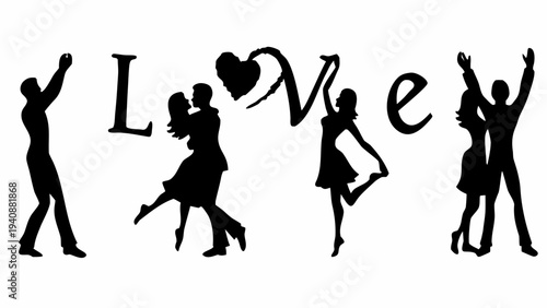 Silhouettes of happy couples dancing together in love