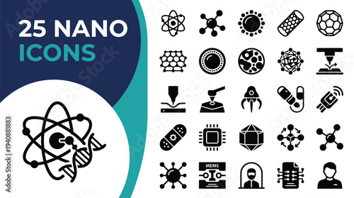 Collection of 25 nano icons representing science and technology