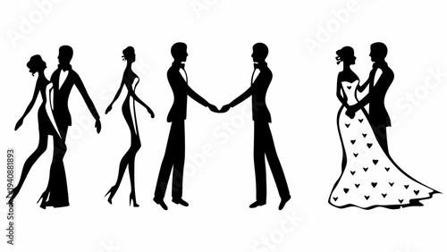 Elegant couples in romantic silhouettes dancing and embracing