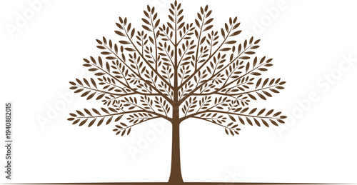 Elegant brown tree illustration with detailed symmetrical branches and leaves creating classic decorative botanical artwork isolated on white background