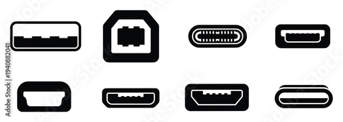 USB connector port profile icons illustration showing various USB types like A, B, C, mini, and micro, connection ports diagram