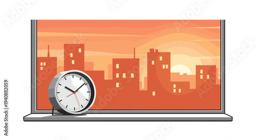 A modern white clock rests on a windowsill, overlooking a vibrant orange cityscape at sunrise with numerous buildings and glowing windows.