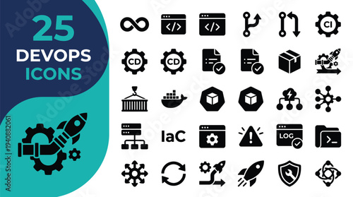 A collection of 25 DevOps icons representing different software development processes.