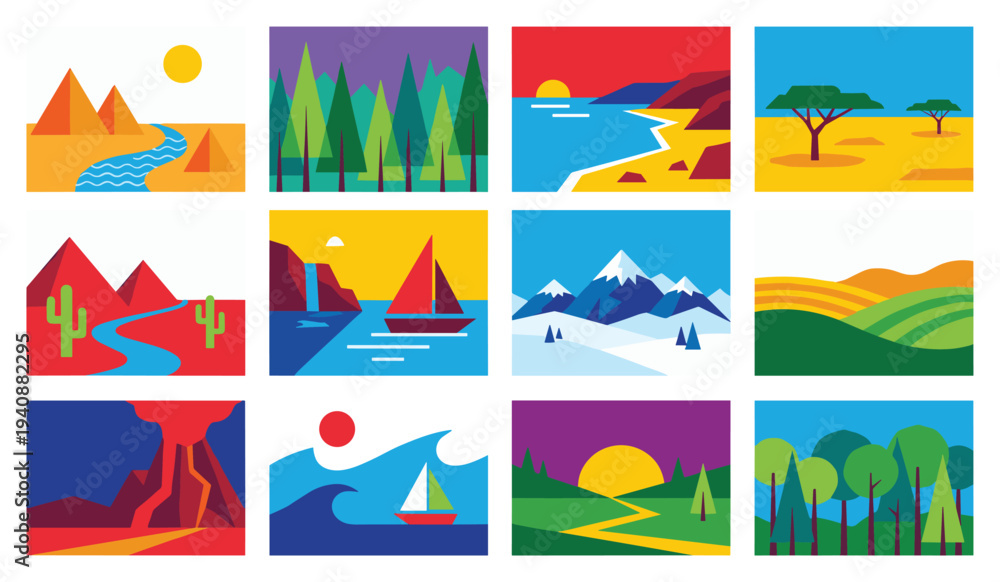 Naklejka premium Vibrant Abstract Landscape Illustrations Collection: Pyramids, Forests, Beaches, Mountains, Volcano, Fields