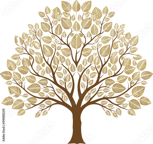 Elegant golden tree with detailed leaves symbolizing growth prosperity nature harmony autumn luxury botanical illustration isolated on white background