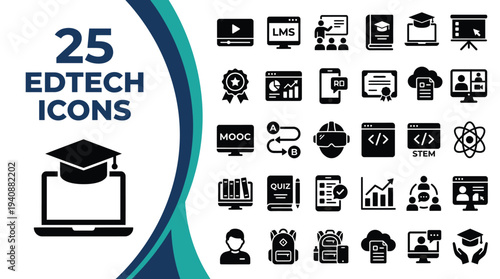 A collection of 25 icons representing educational technology concepts.
