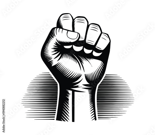Vector illustration, one line drawing of a human fist in minimalist continuous line art style symbolizing strength, power, unity and protest isolated on white background.