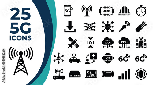 Collection of 25 5G and technology icons.