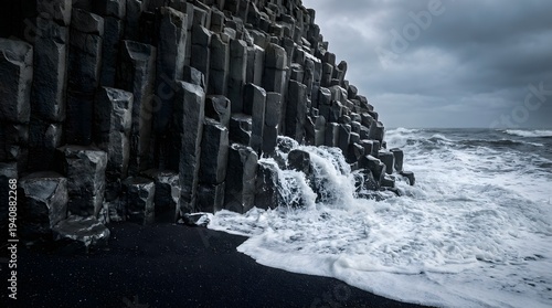 Dramatic black basalt columns stand against powerful ocean waves crashing onto dark volcanic sand beach