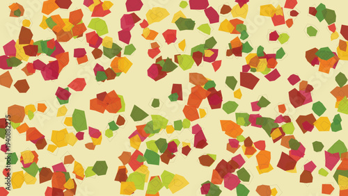 Seamless abstract pentagon pattern with overlapping red, orange, yellow, green, and pink shapes on beige background, vibrant decorative design for wallpapers, textiles, and modern art