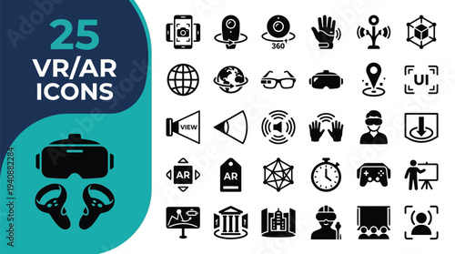 A collection of 25 VR/AR icons and illustrations