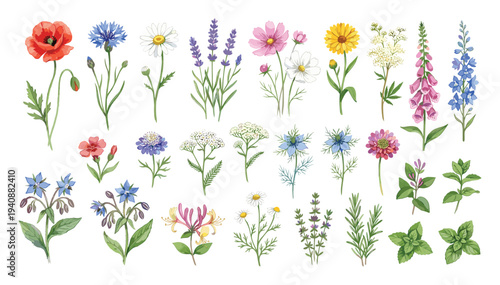 Watercolor meadow flowers collection with poppies, lavender, daisies, cornflowers, and mint. Hand-painted floral set for botanical design.