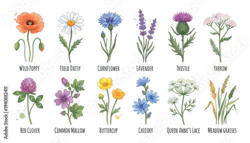 Watercolor wildflowers collection, featuring poppy, daisy, cornflower, lavender, thistle, yarrow, clover, mallow, buttercup, chicory, and grasses