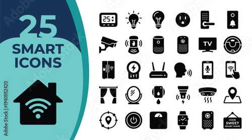 A collection of 25 smart home icons in a modern design.