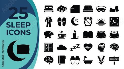 Collection of 25 sleep-related icons in black silhouette.