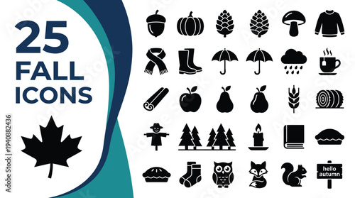 A collection of 25 fall-themed icons and graphics.
