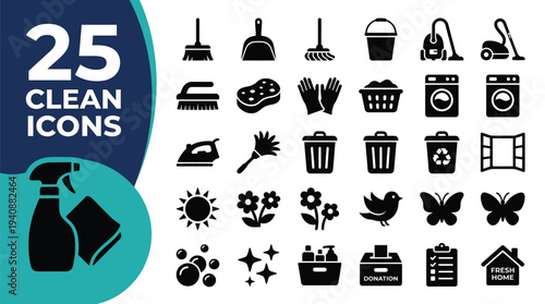 A collection of 25 clean icons for household chores and services.