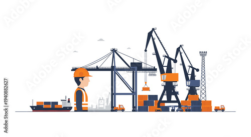 A port worker in an orange hard hat stands observing a busy shipping port with large cranes and colorful containers.