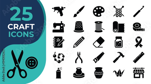 A collection of 25 craft icons representing various creative activities.