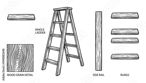 Wooden ladder set illustration with wood grain detail, side rail, rungs and whole ladder design isolated on white background.