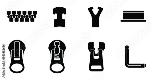 Zipper parts vector illustration. Slider, pull tab, teeth, retainer box, bottom stop, top stop, elements for clothing design.