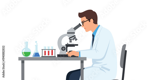 A male scientist wearing glasses and a white lab coat intently observes through a grey microscope on a table with various laboratory glassware.
