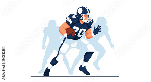 A determined American football player in a blue and white uniform with number 20 runs with a brown football against a white background with motion blur.