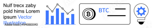 Financial analysis, cryptocurrency insights, blockchain operations, data visualization, investment strategies, fintech. Graphs, Bitcoin symbol and lightbulb with gear icon. Cryptocurrency