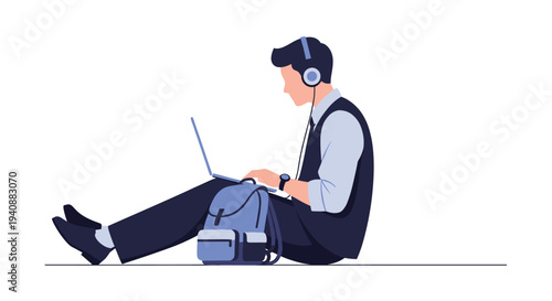 A young man sits on the floor wearing blue headphones and typing on a silver laptop with a blue backpack beside him.