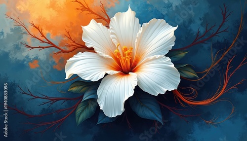 White hibiscus flower with vibrant orange center and dark blue foliage against abstract sky background. Delicate branches twine around petals creating artistic composition. Elegant floral art.