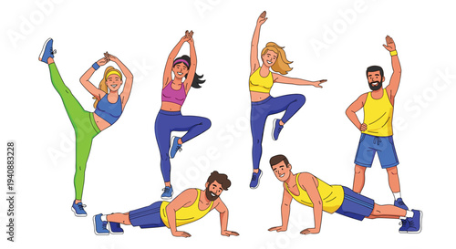 Six energetic individuals, three men and three women, perform various fitness exercises in colorful activewear against a plain white background.