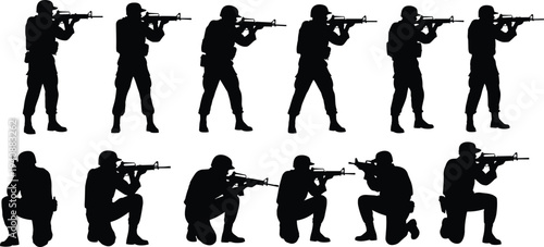 Military soldier aiming rifle silhouettes set, black white tactical combat poses for armed forces, defense training, security illustration design