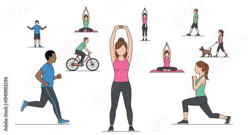 A diverse group of individuals is shown performing various physical activities such as running, cycling, yoga, and dog walking on a white background.