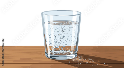 A clear glass filled with still water and many small bubbles sits on a textured wooden table with a distinct shadow cast to the right.