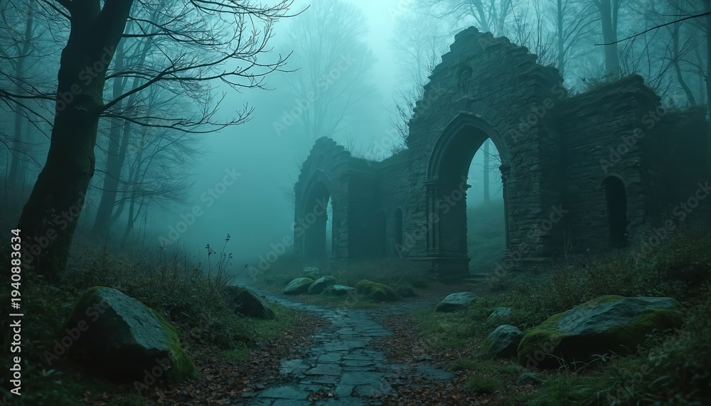 Naklejka premium Misty forest path leads to ancient stone ruins. Overgrown foliage covers weathered walls. Eerie atmosphere, forgotten history. Gloomy, secluded, wild nature.