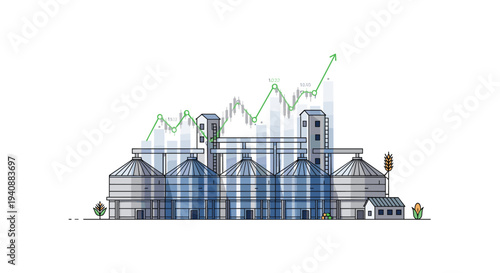 An illustrated agricultural facility featuring multiple metallic grain silos and buildings is overlaid with an upward-trending green financial line graph on a white background.