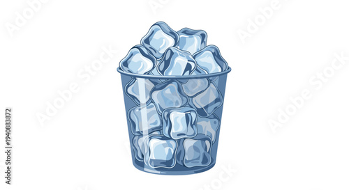 A clear cylindrical glass is completely filled with tightly packed, irregularly shaped, translucent blue ice cubes against a pristine white background.
