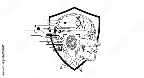 cyber security shield with human brain and circuit board illustration
