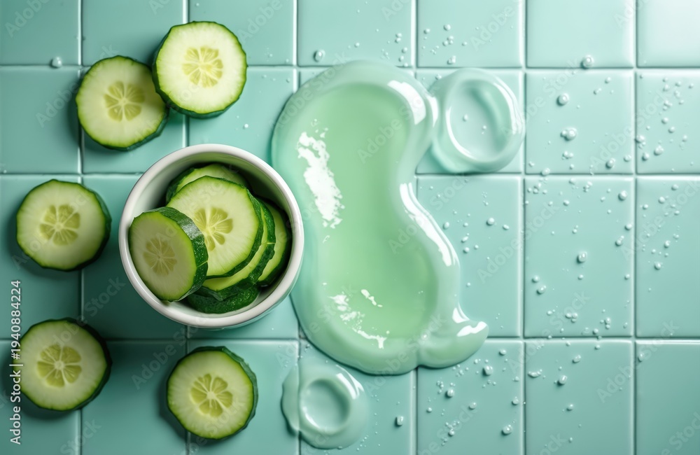 Fototapeta premium Sliced cucumbers and cooling green gel sit on a light blue tiled surface. This flat lay suggests skincare benefits like hydration and rejuvenation. It is ideal for beauty and wellness content.