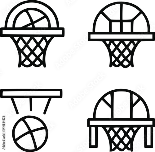 Basketball Hoop Outline Icon Set  Ball Going Through Net