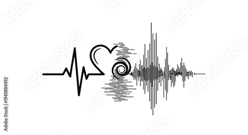 heartbeat sound wave with love symbol, audio waveform