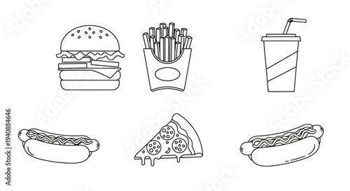 Simple black and white illustrations of various fast food items.