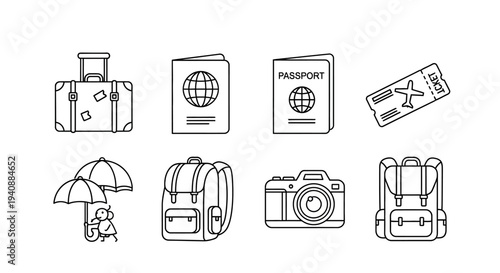 Travel icons set including luggage, passport, and accessories.