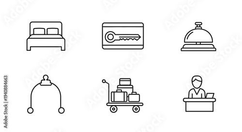 Hotel service icons set including bed, key card, and staff.