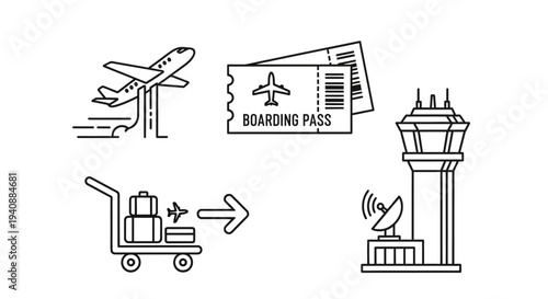 Airport icons set with plane, boarding pass, luggage cart, and control tower.