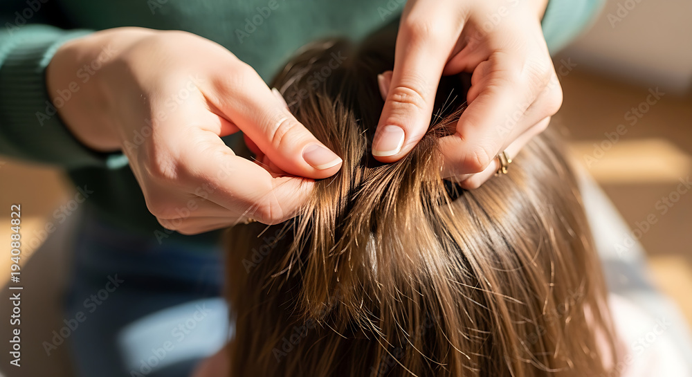 Fototapeta premium Professional hair trimming close-up with scissors on brown hair in salon
