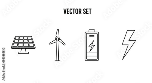Vector set of renewable energy icons including solar panel, wind turbine, battery, and lightning bolt.