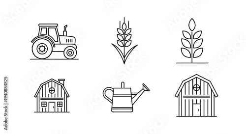 Farm icons set including tractor, wheat, plant, barn, shed, and watering can.